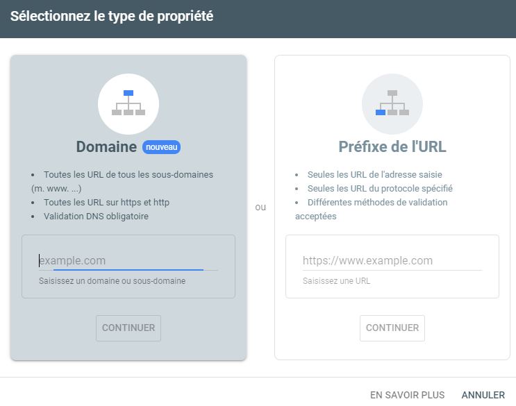 capture d'écran création propriété Search Console