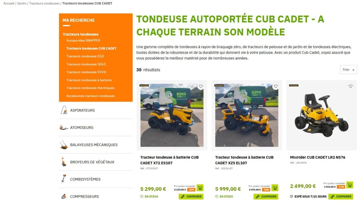 Capture d'écran d'un site e-commerce avec fil d'Ariane, liens vers catégories filles et soeurs.